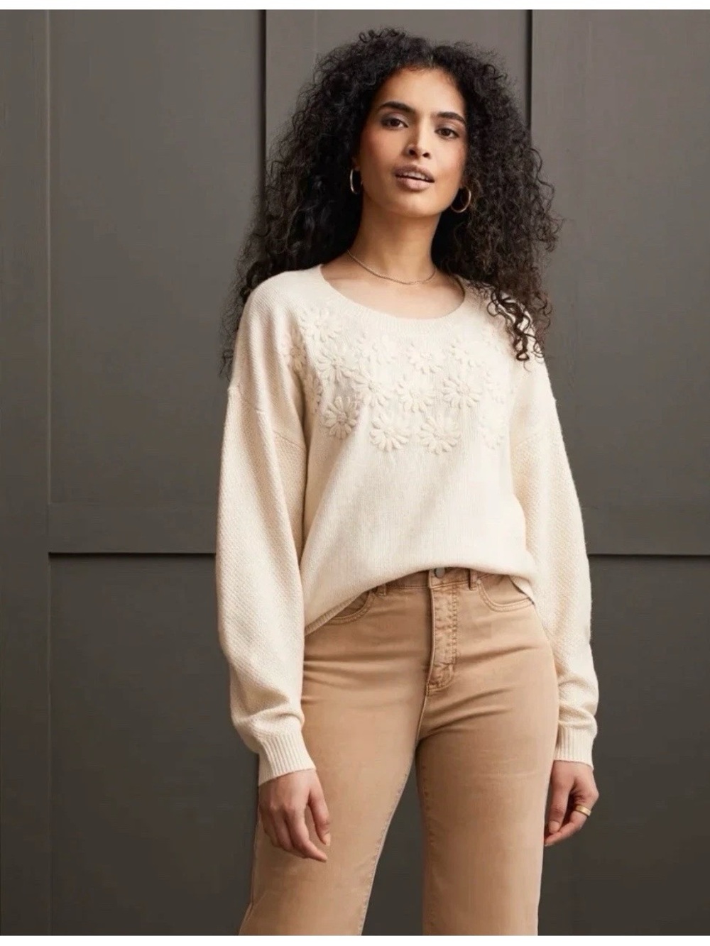 Tribal Ivory Moonstone Embroidered Floral Crew Neck Sweater Boho Hippie Chic S